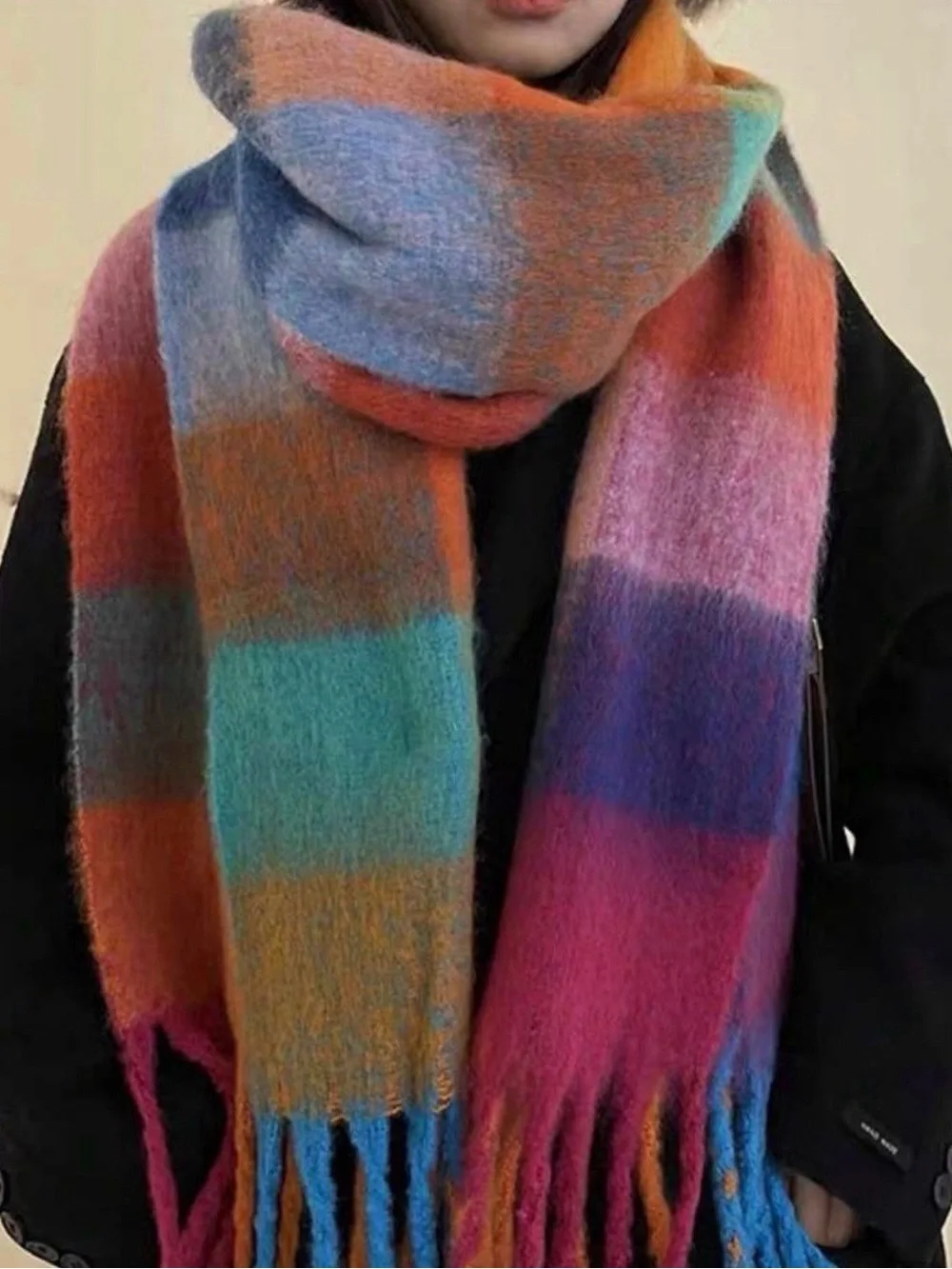Colorblock Plaid Fringe Scarf - Multicolor